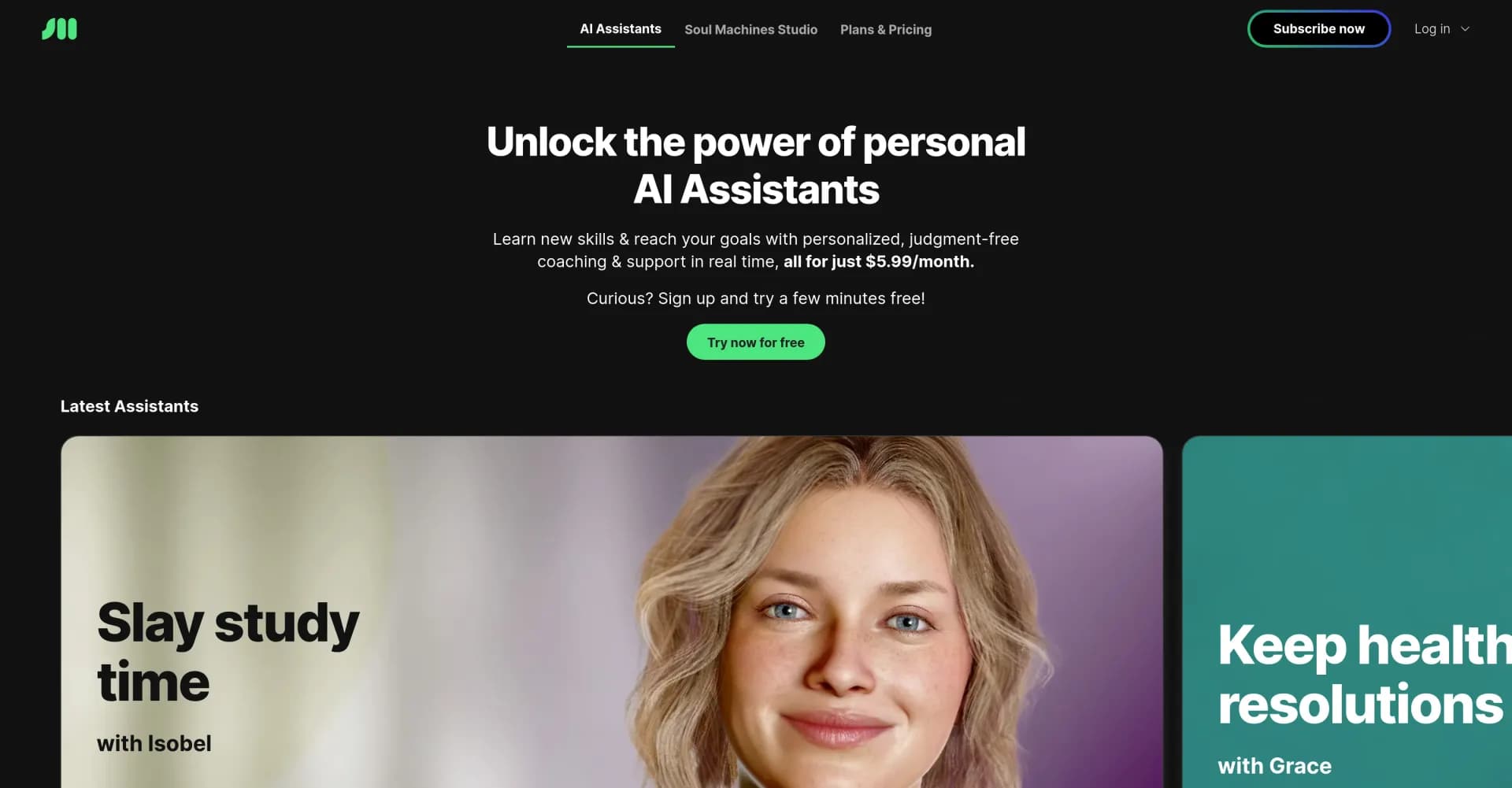 Soul Machines homepage screenshot — AI Assistants for personalized coaching and support