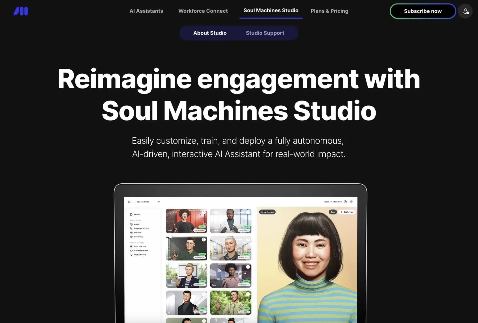 Soul Machines Studio homepage screenshot — Create autonomous, interactive AI Assistants for real-world 