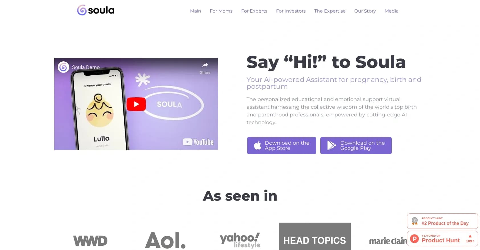 Soula Care homepage screenshot — AI-powered assistant for pregnancy, birth and postpartum sup