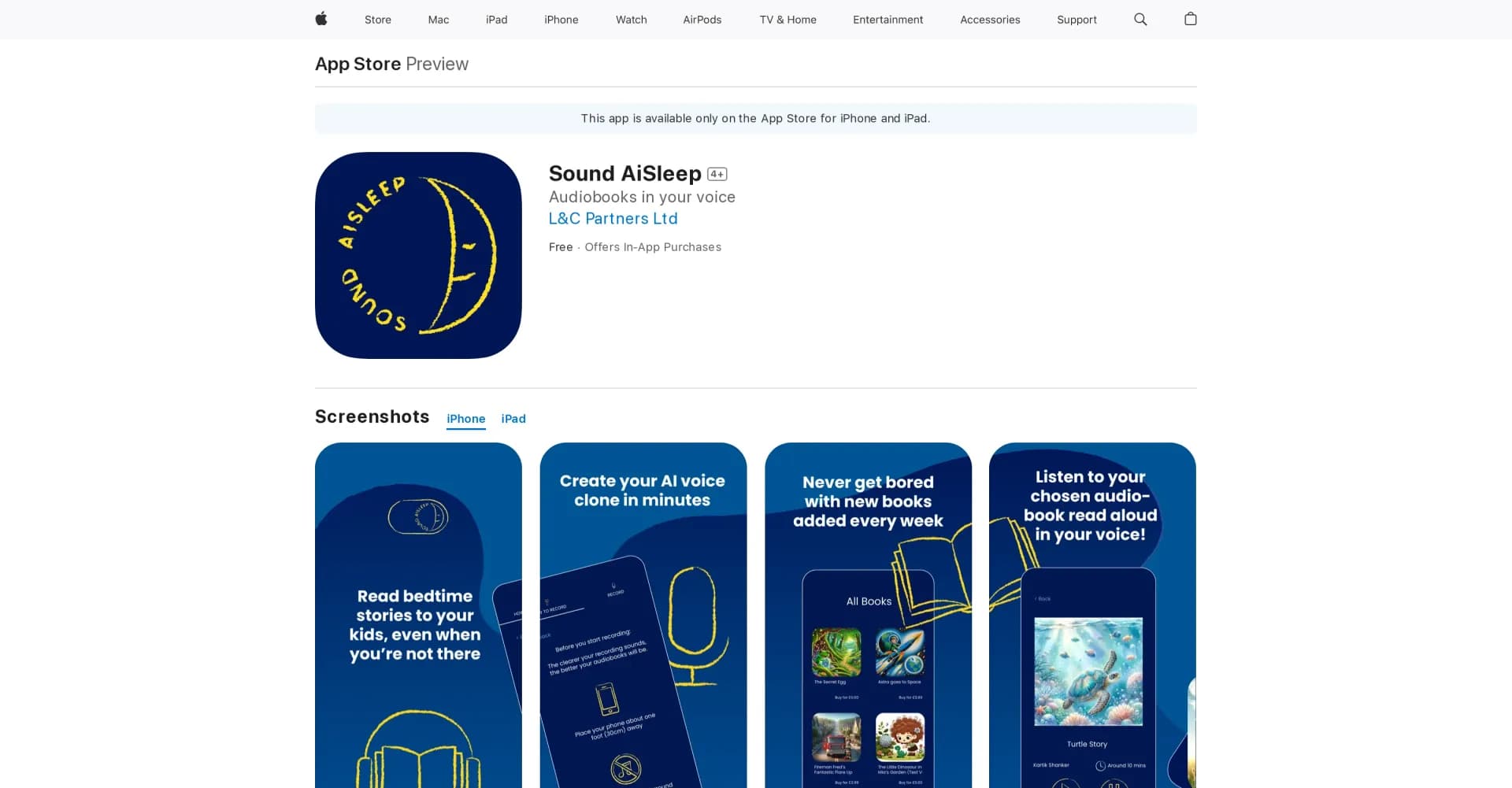 Sound AiSleep homepage screenshot — Audiobooks in your voice.