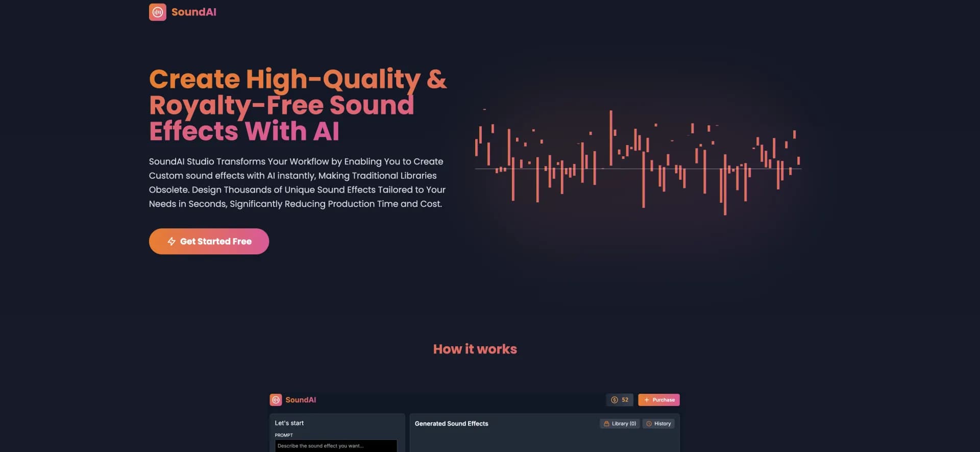 SoundAI Studio homepage screenshot — Generate custom sound effects with AI instantly