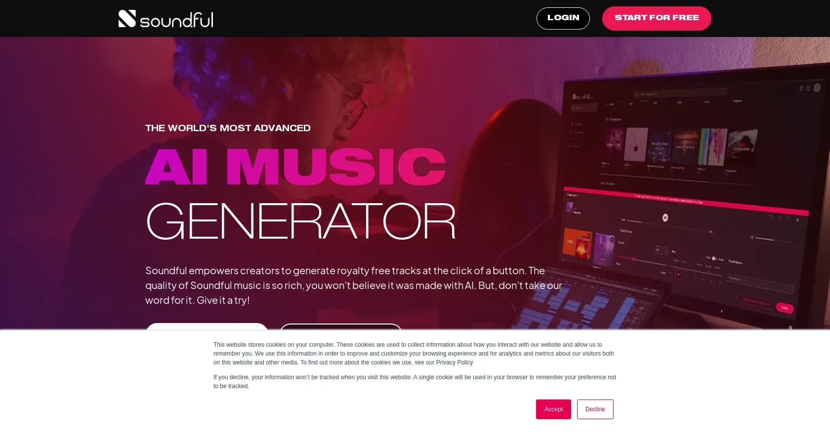 Soundful homepage screenshot — Unlimited music creation for monetization purposes.