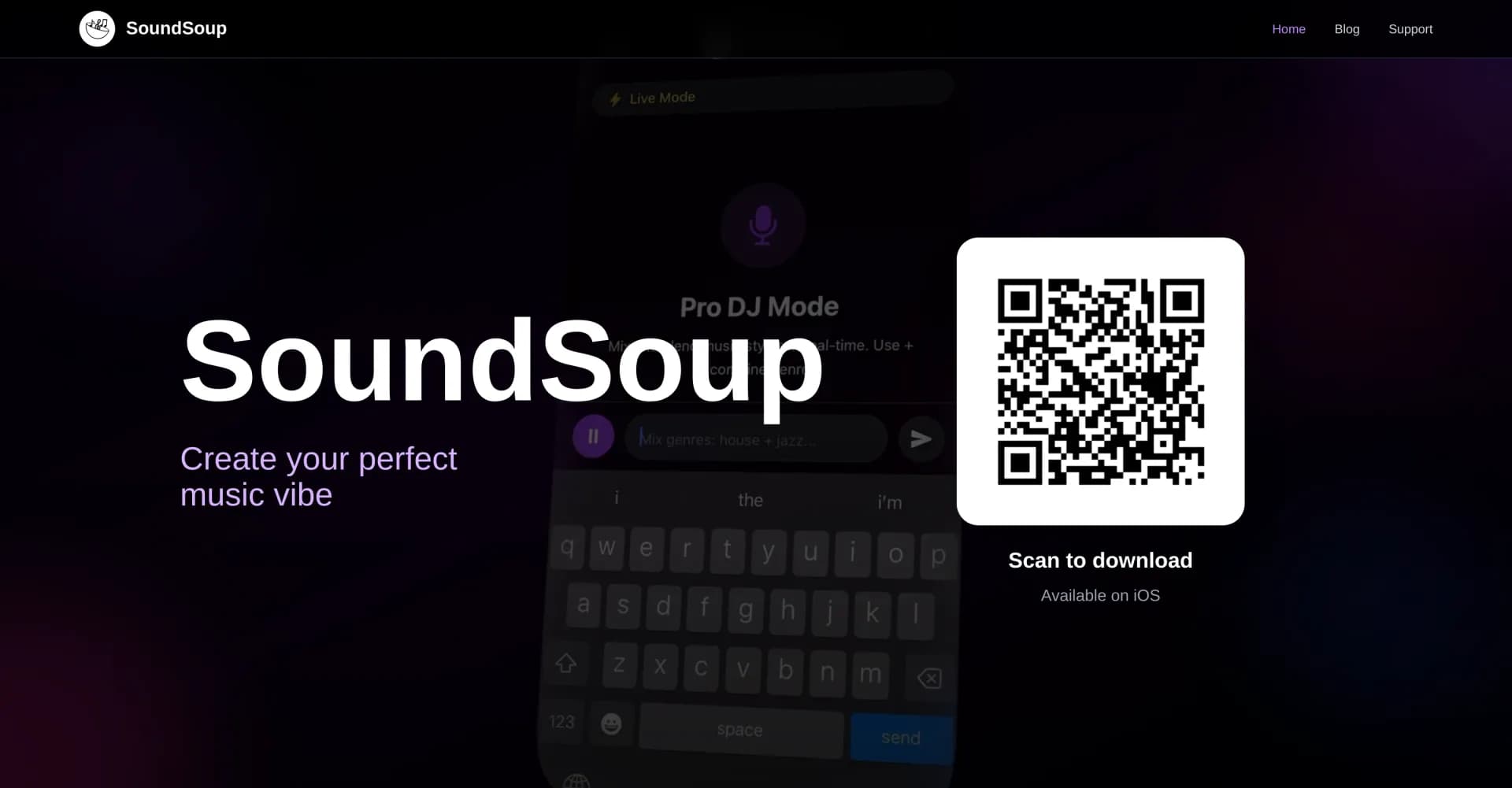 SoundSoup homepage screenshot — Your personal DJ that morphs music in real time.
