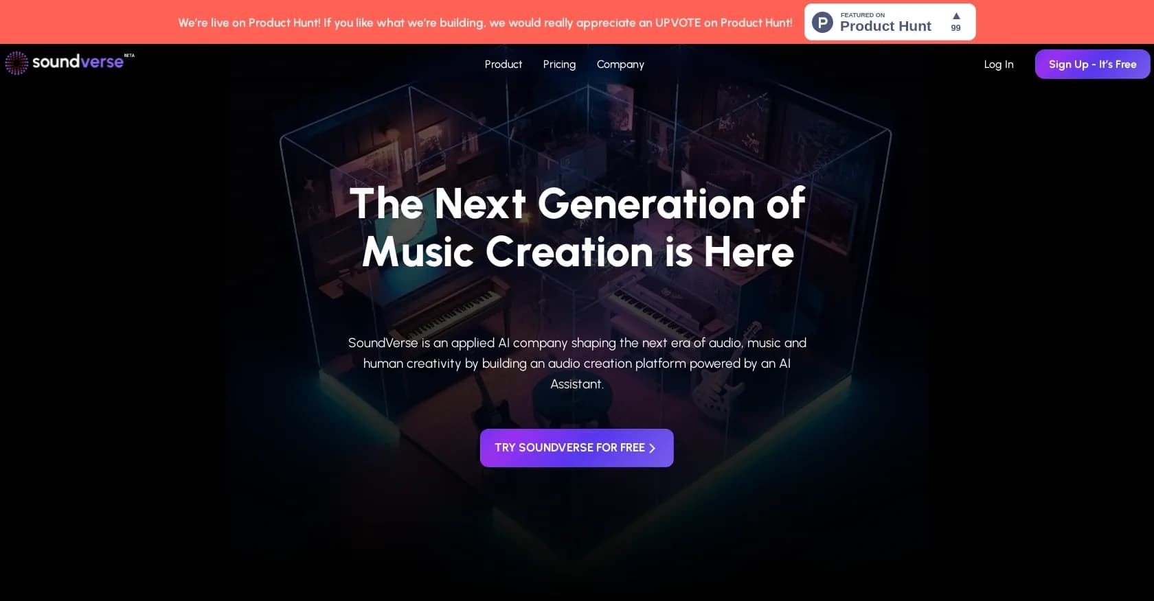 SoundVerse homepage screenshot — AI-powered audio creation for musicians.
