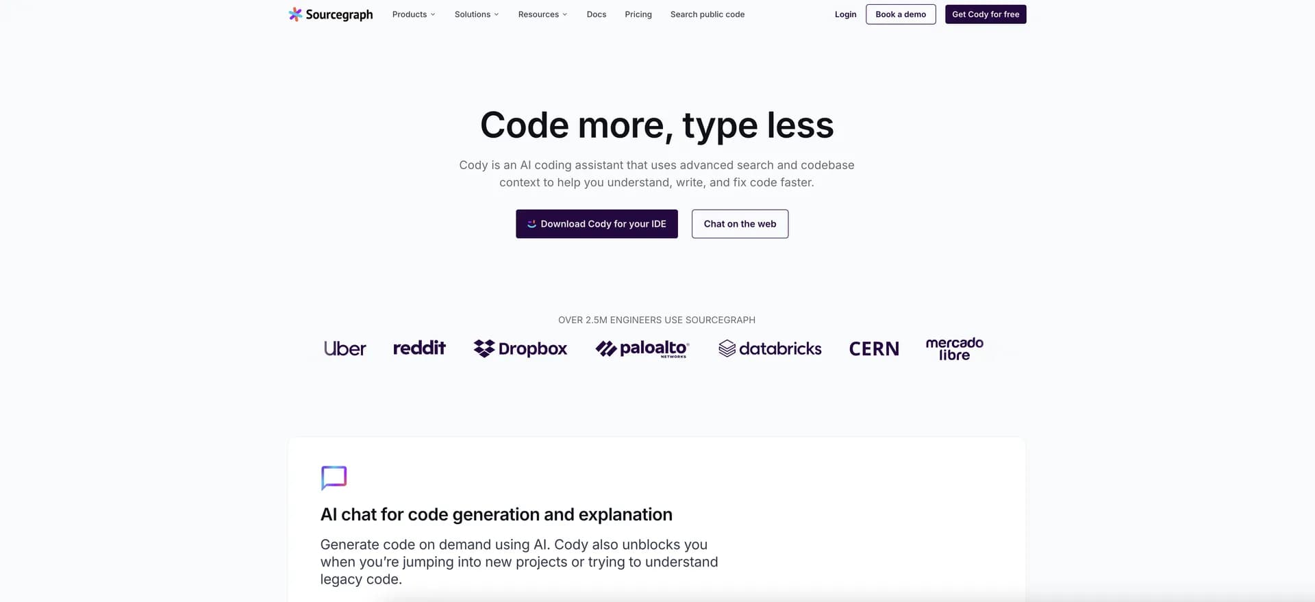 Sourcegraph Cody homepage screenshot — AI-powered code assistant for developers