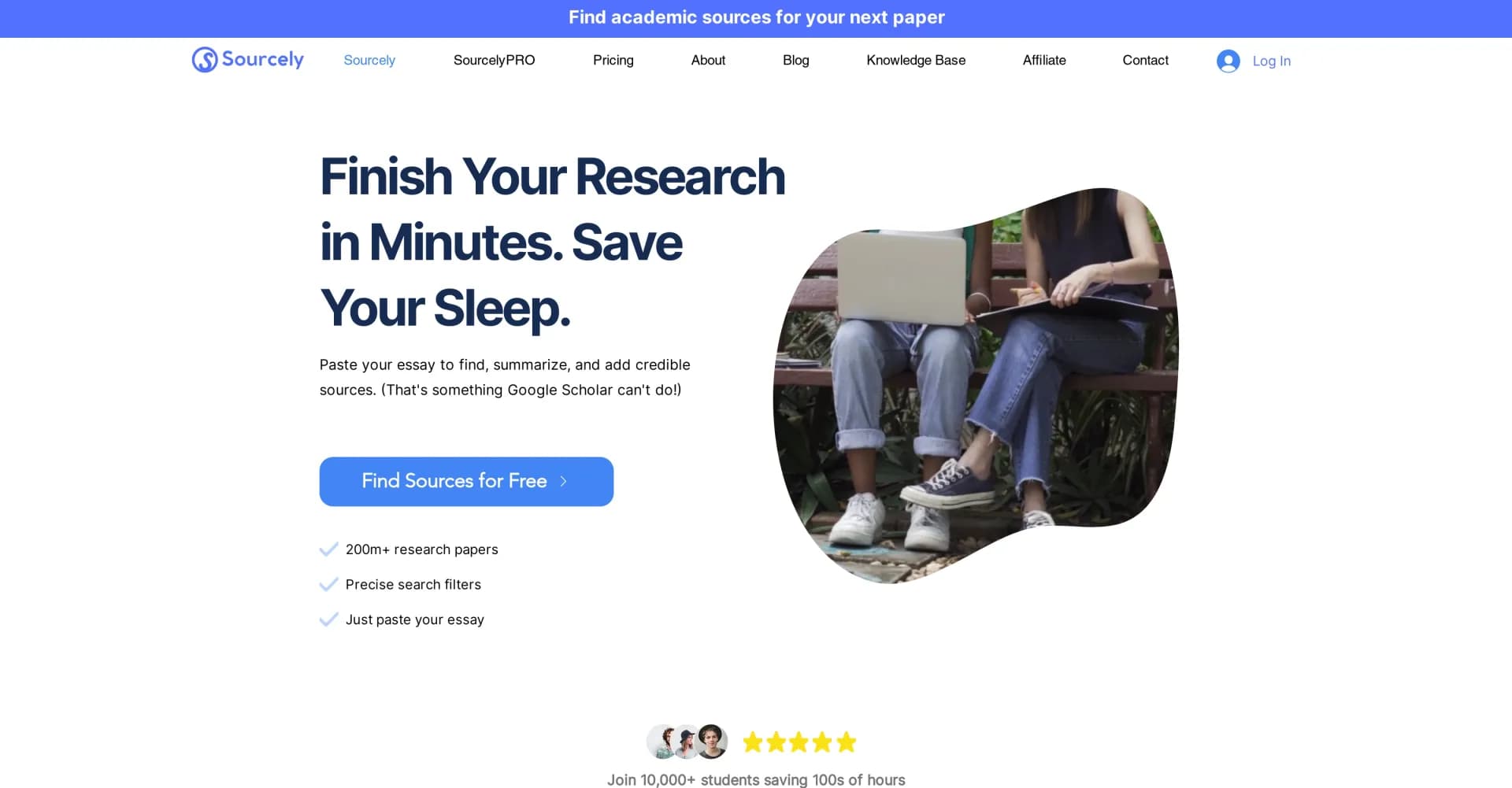 Sourcely homepage screenshot — AI-powered academic research assistant.