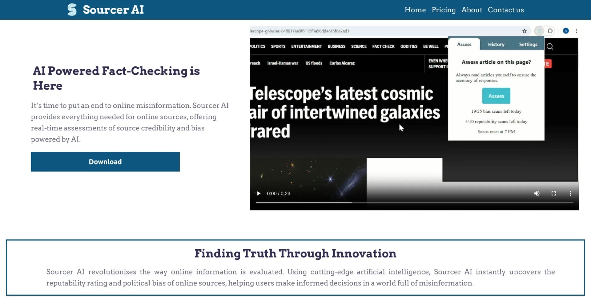 Sourcer AI homepage screenshot — AI-powered fact-checking for instant source credibility