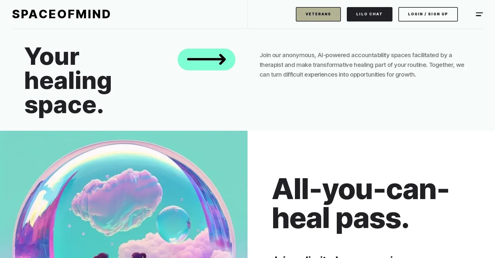 Space of Mind homepage screenshot — AI-powered group therapy for affordable PTSD healing.