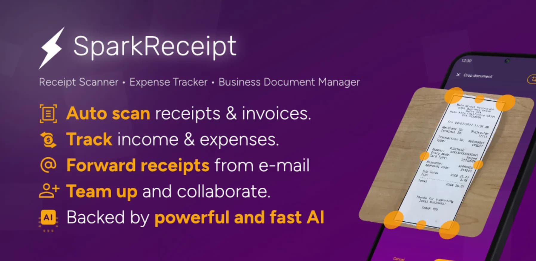 SparkReceipt homepage screenshot — Scan, track, and manage receipts with AI-powered efficiency.