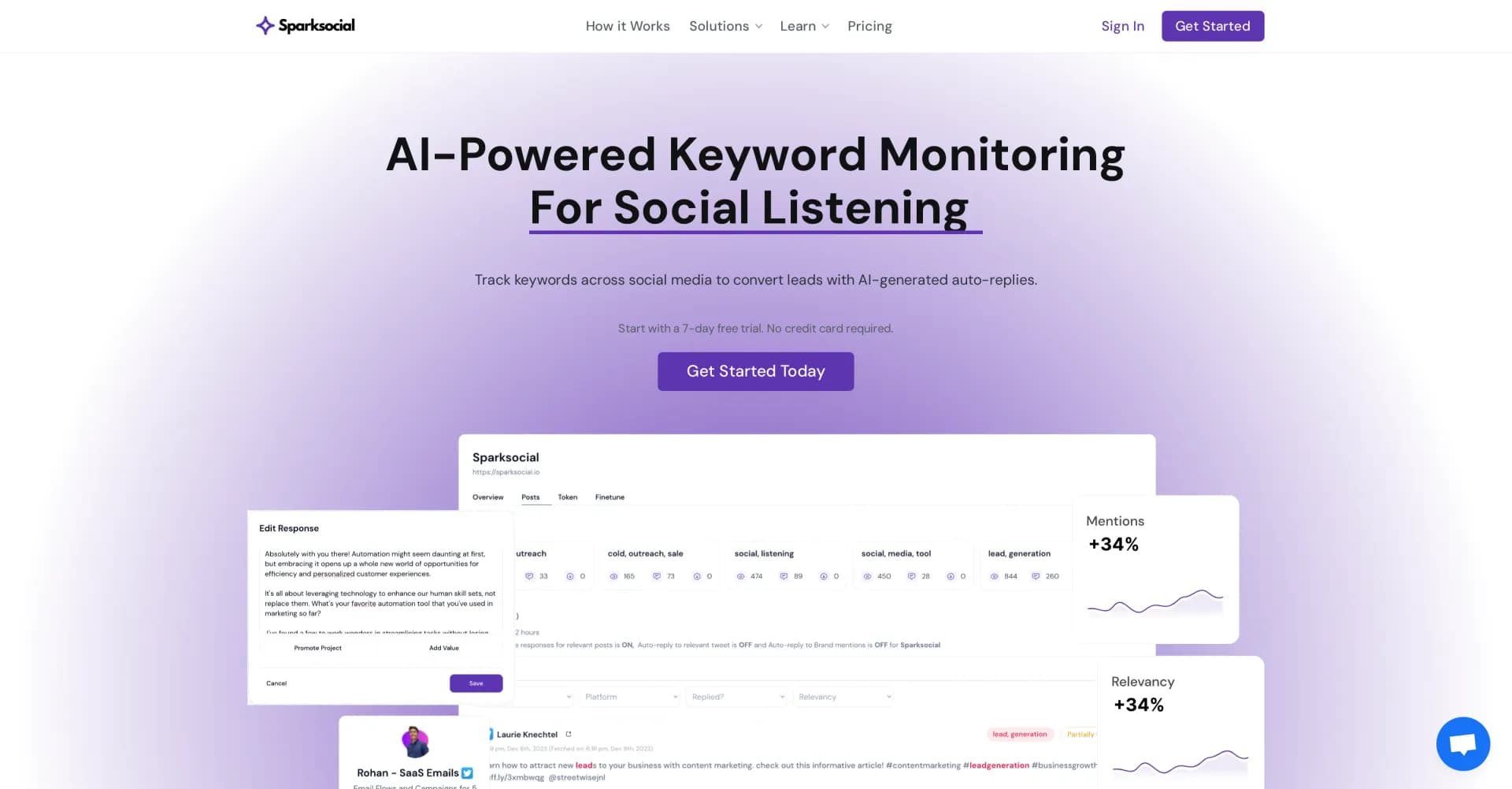 Sparksocial homepage screenshot — Convert leads with AI-powered social listening