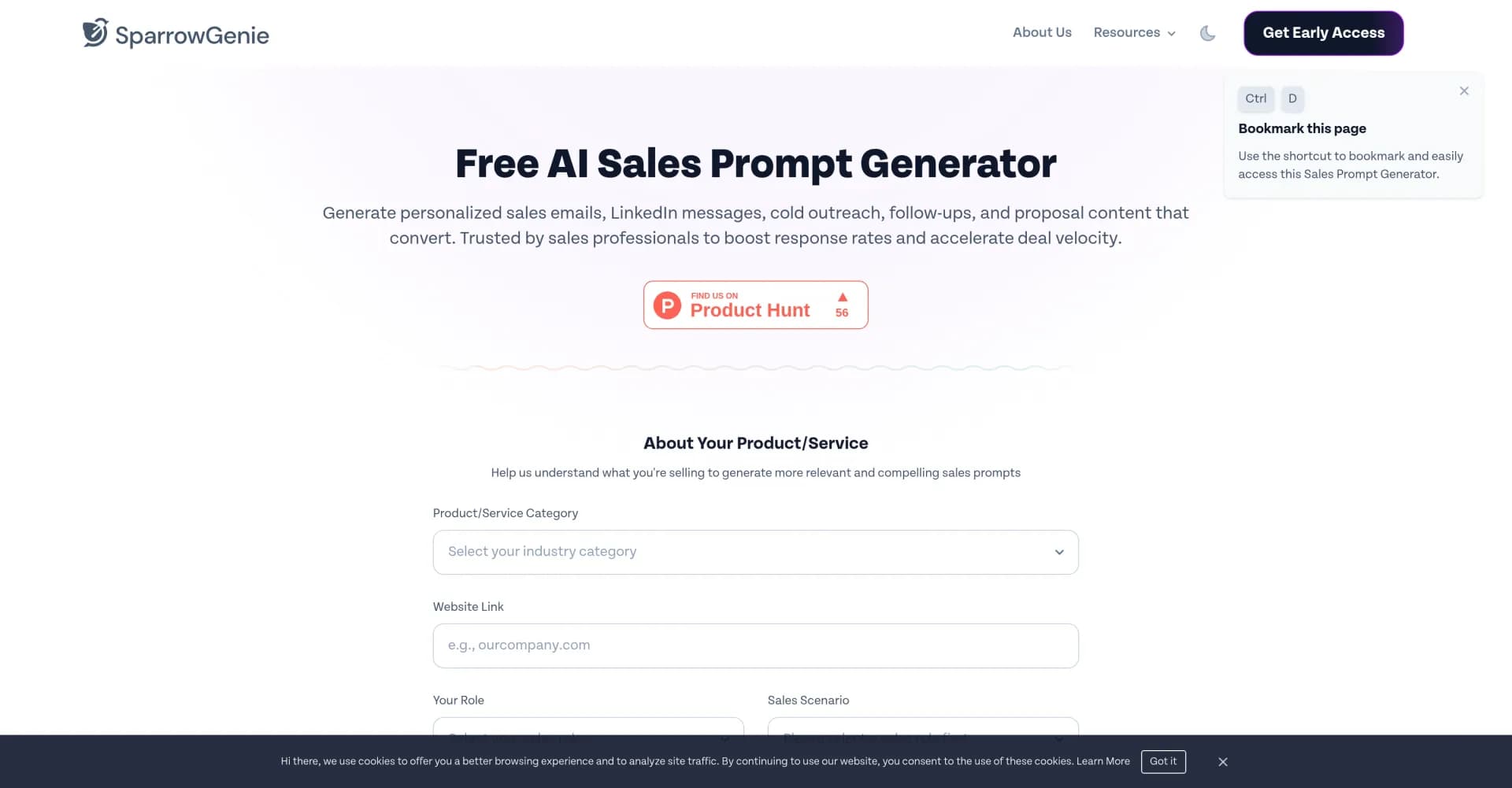 SparrowGenie homepage screenshot — Generate personalized sales messages that convert.