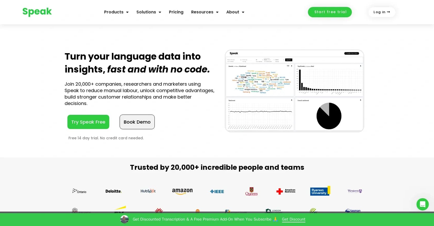 Speak Ai homepage screenshot — Transform unstructured data into competitive insights.