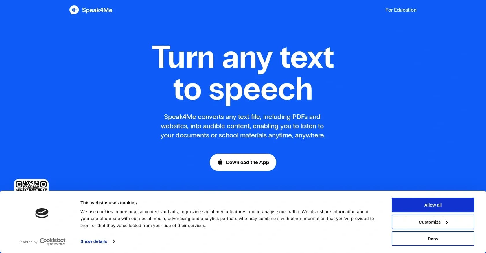 Speak4me homepage screenshot — Text-to-speech conversion for documents and web pages
