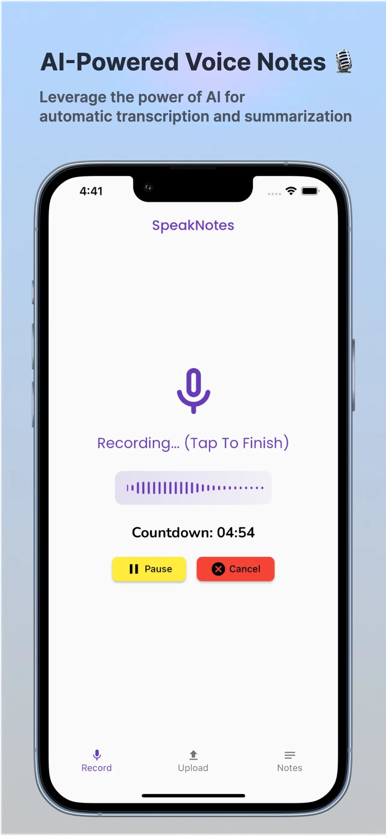 SpeakNotes homepage screenshot — Converts voice notes to summarized text efficiently.