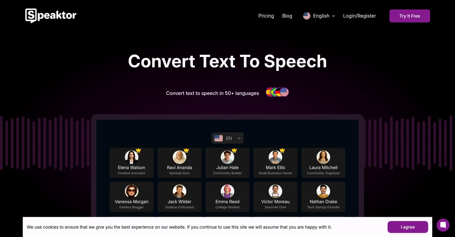 Speaktor homepage screenshot — Turn text into lifelike speech with AI.