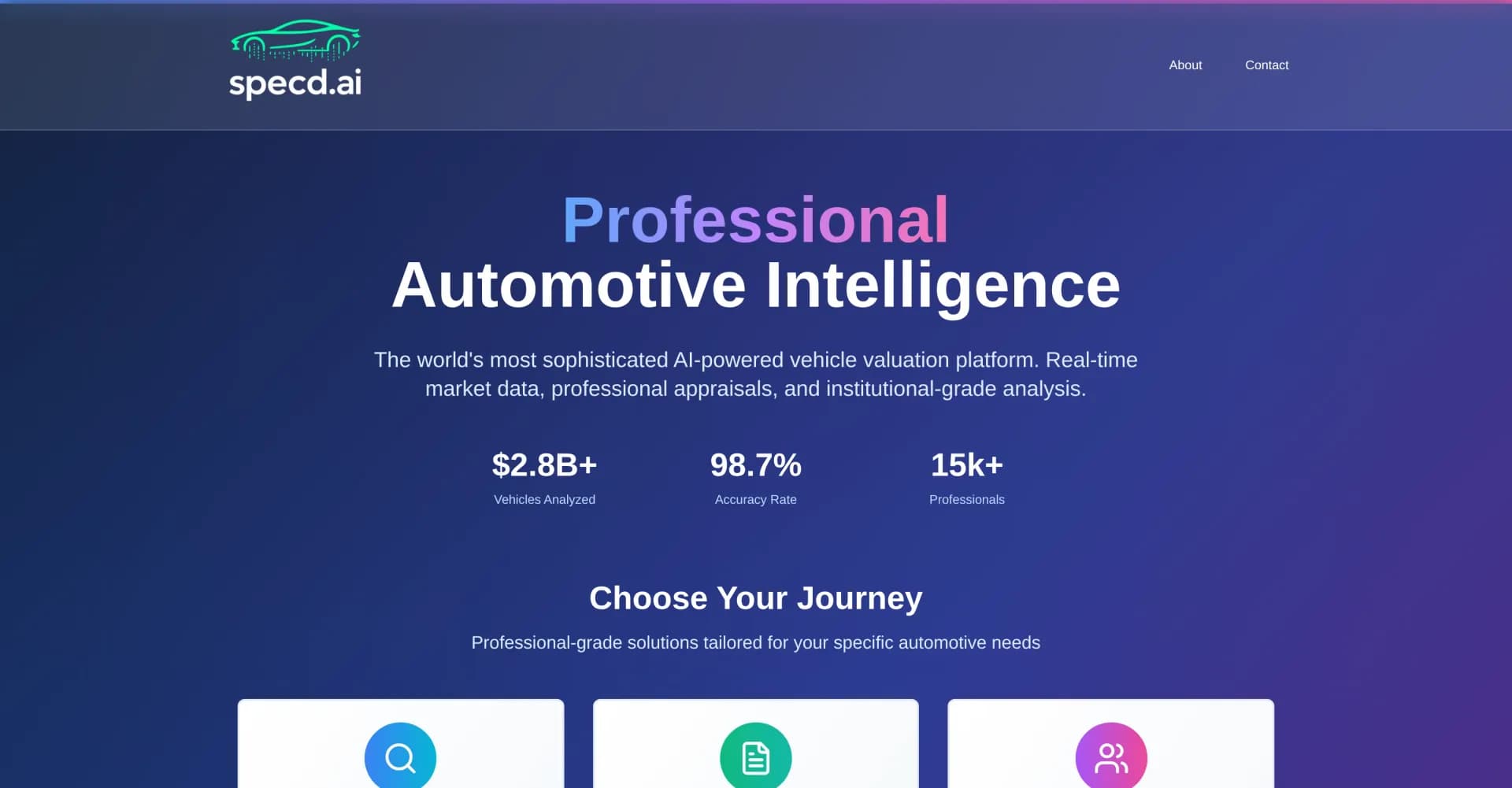 Specd.aiv1.0 homepage screenshot — Professional vehicle valuations with real-time market data.