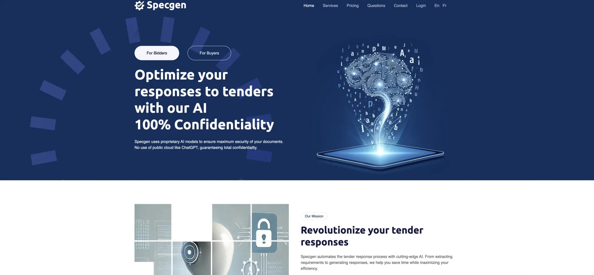 Specgen homepage screenshot — AI-powered tender optimization with total confidentiality.