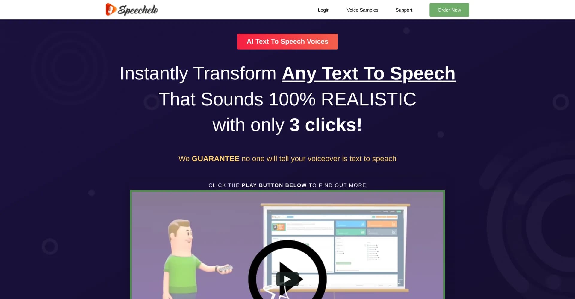 Speechelo homepage screenshot — Transform text to realistic speech in 3 clicks.
