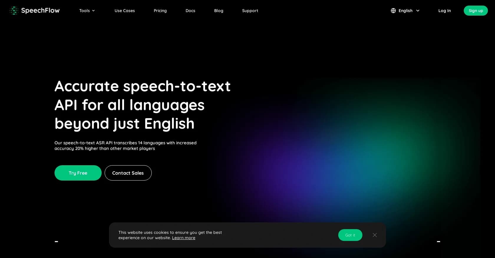 SpeechFlow homepage screenshot — Convert speech to text in 14 languages with top accuracy