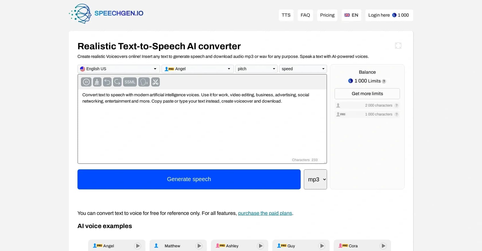 SpeechGen homepage screenshot — Create realistic voiceovers with AI-powered voices.