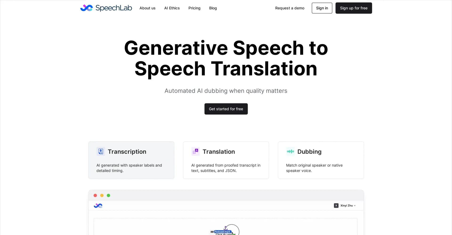 Speechlab homepage screenshot — Automate dubbing with AI-powered translation and voiceover