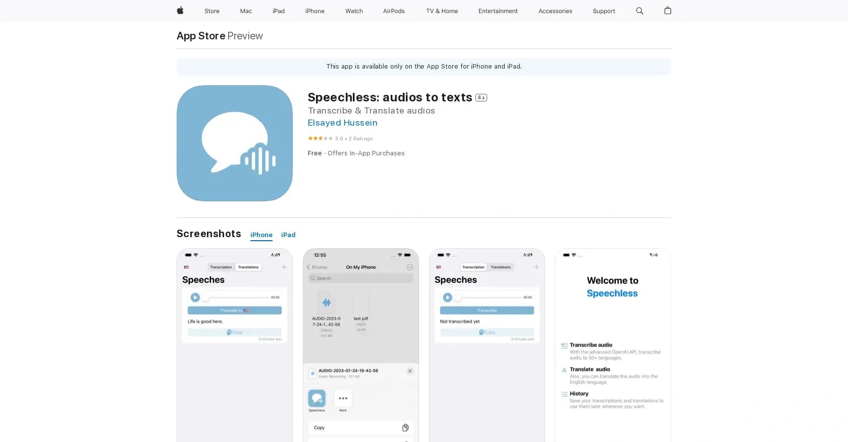 Speechless homepage screenshot — Audio to text conversion for accessibility.