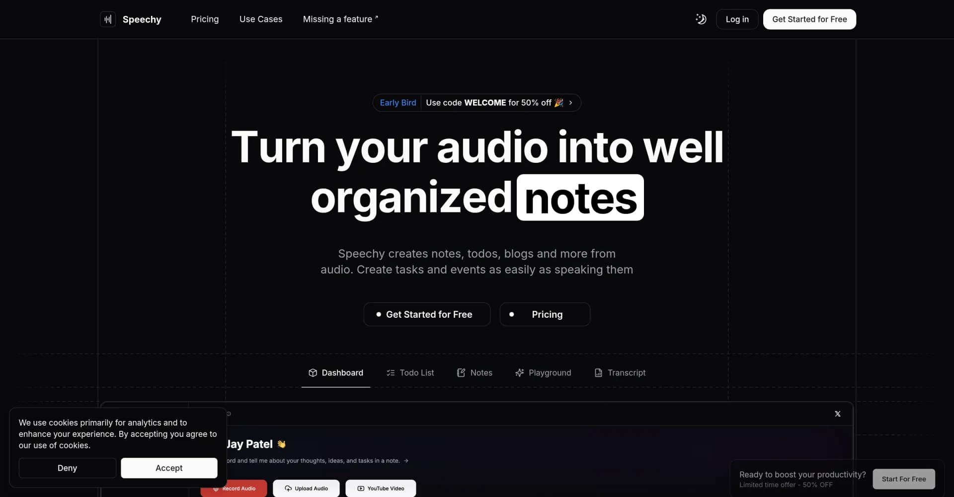 Speechy homepage screenshot — Turn audio into organized todos and notes.