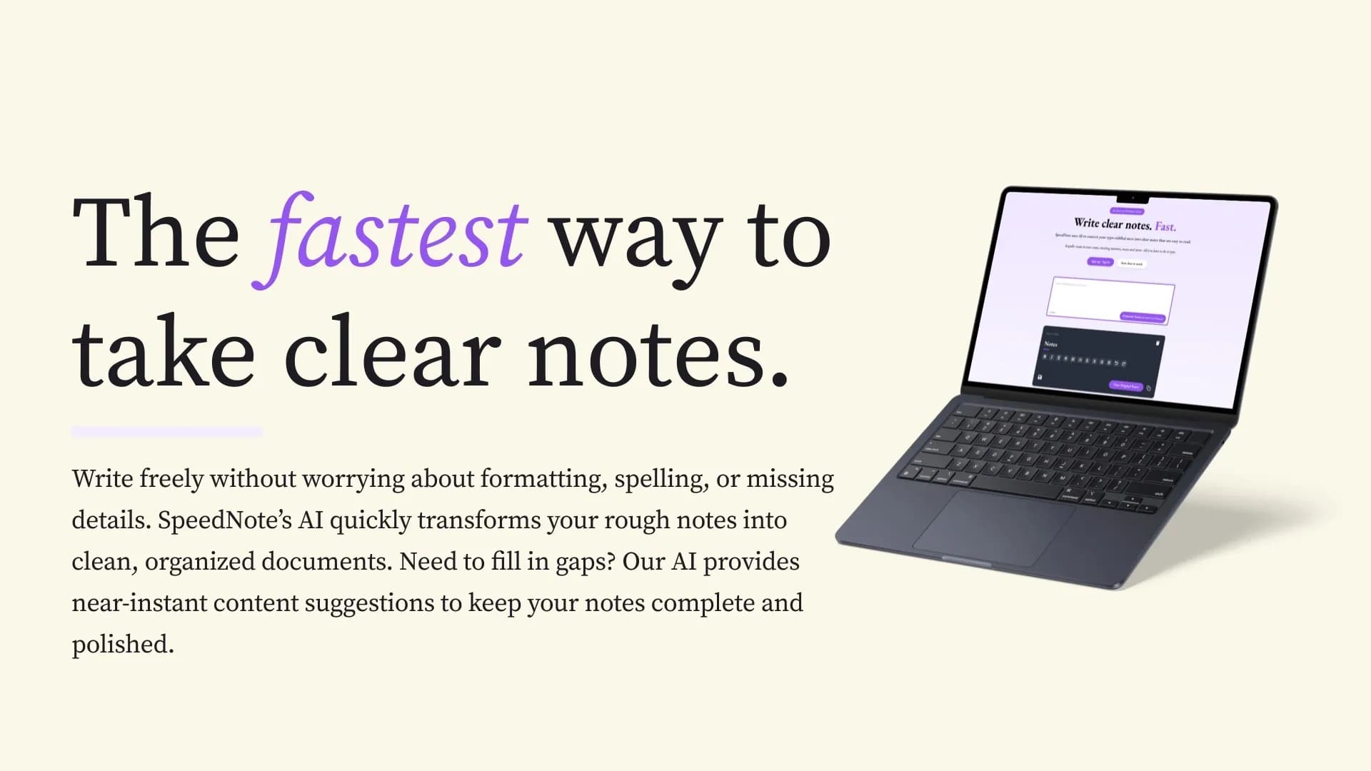 SpeedNote AI homepage screenshot — Write clear notes. Fast.