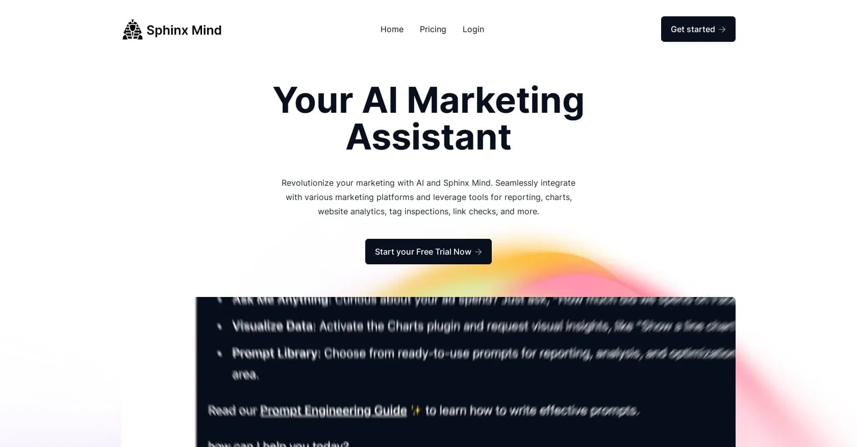 Sphinx Mind homepage screenshot — Your AI Marketing Assistant