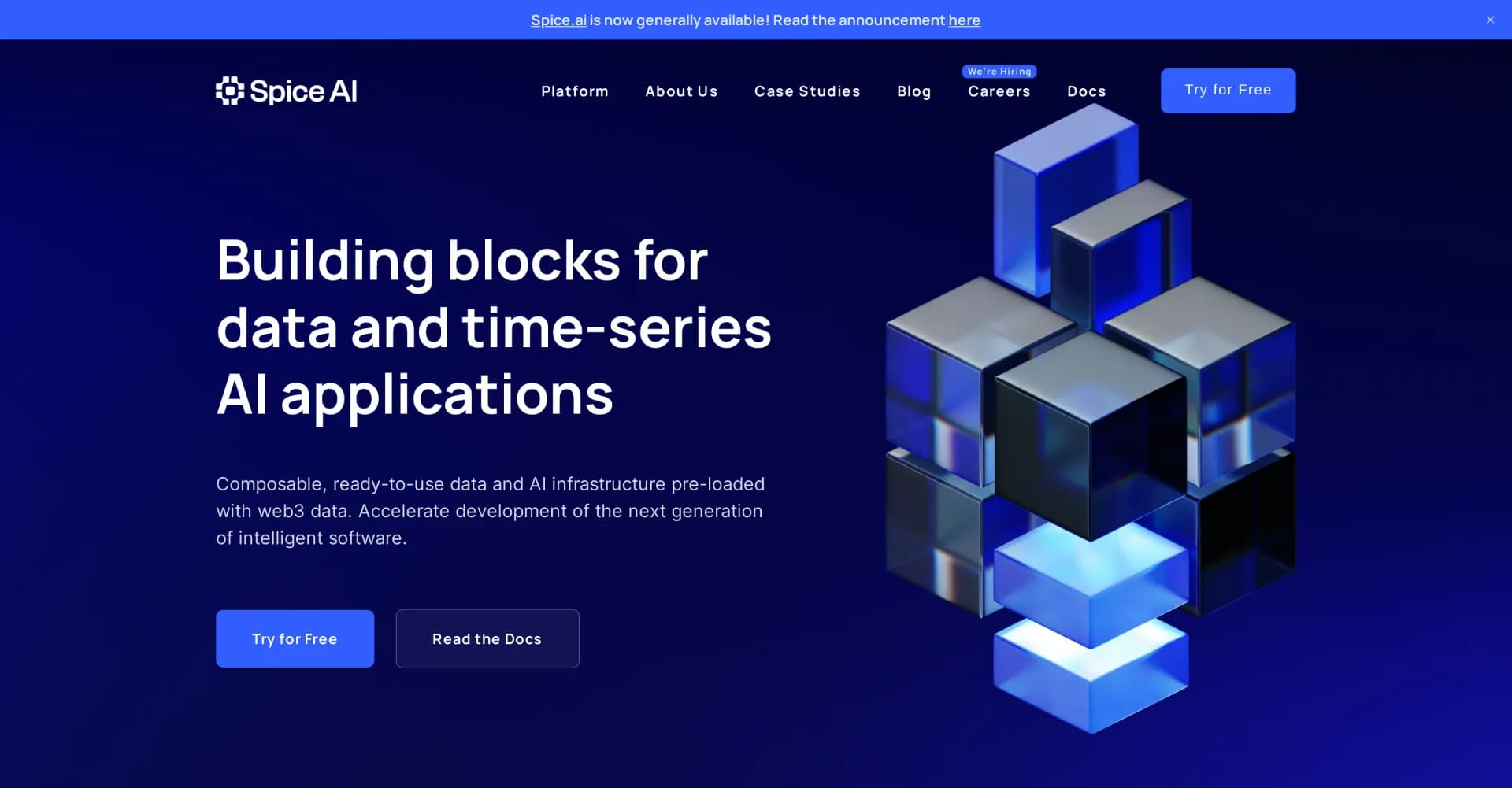 Spice.ai homepage screenshot — Building blocks for data and AI applications