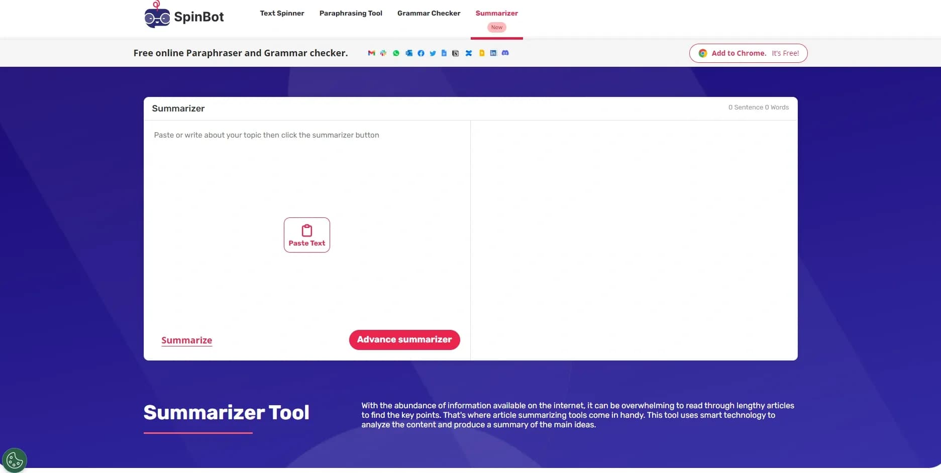 Spinbot Summarizer homepage screenshot — Create concise summaries from long content instantly