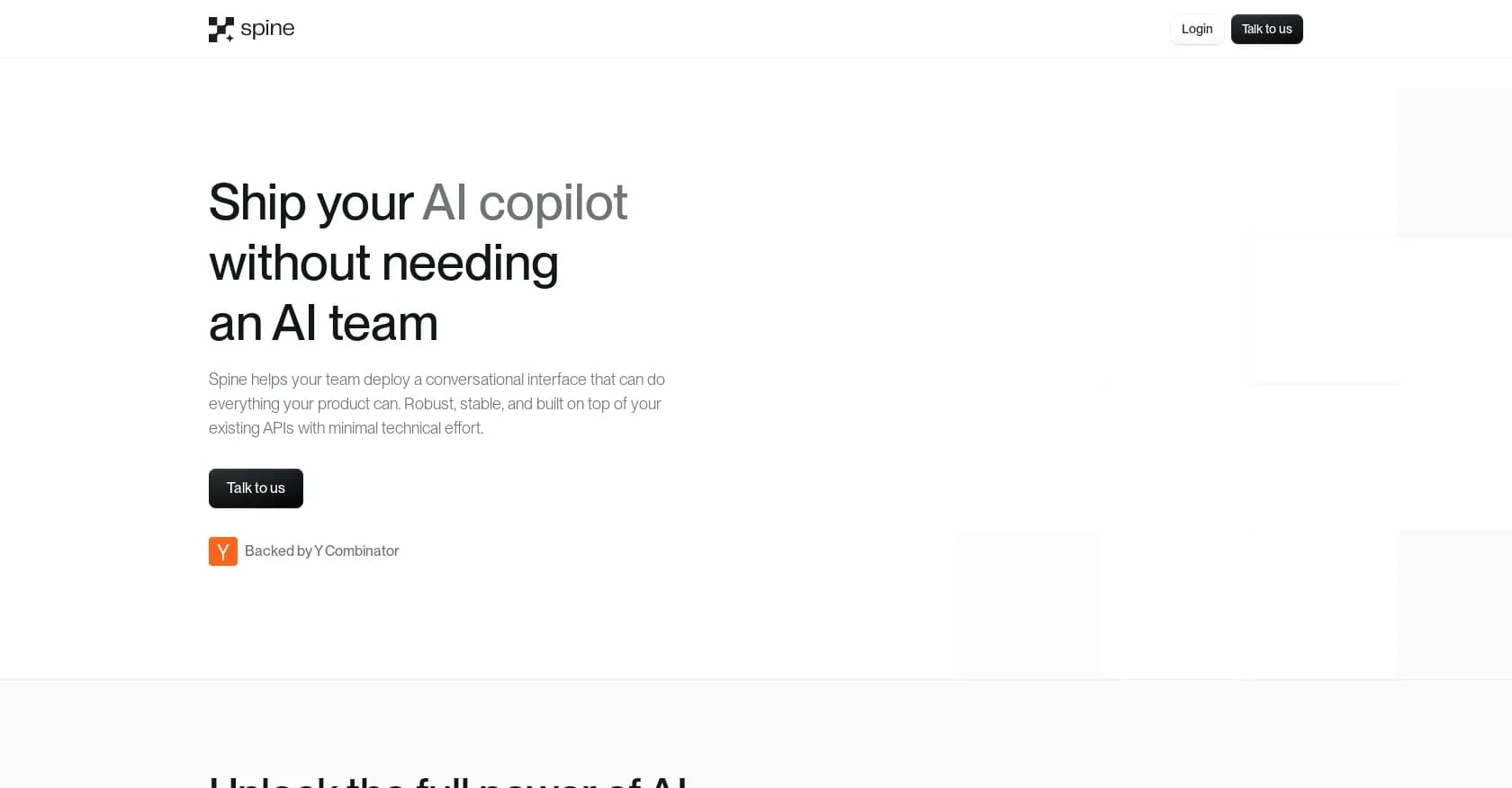 Spine homepage screenshot — Ship your AI copilot without an AI team