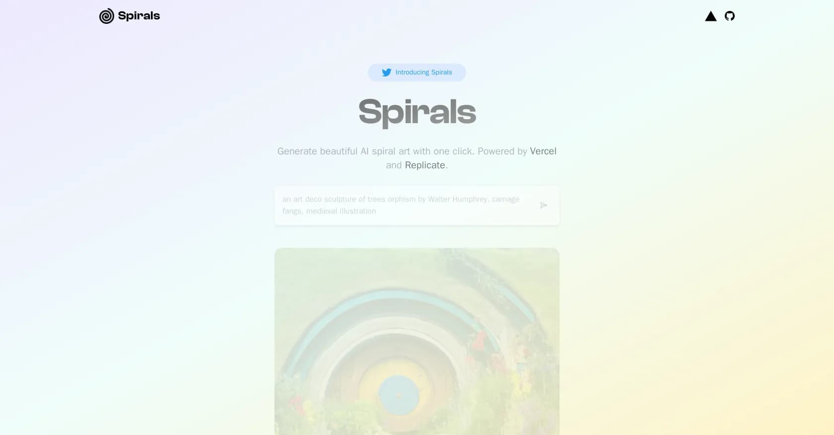 Spirals homepage screenshot — Create stunning AI spiral art instantly