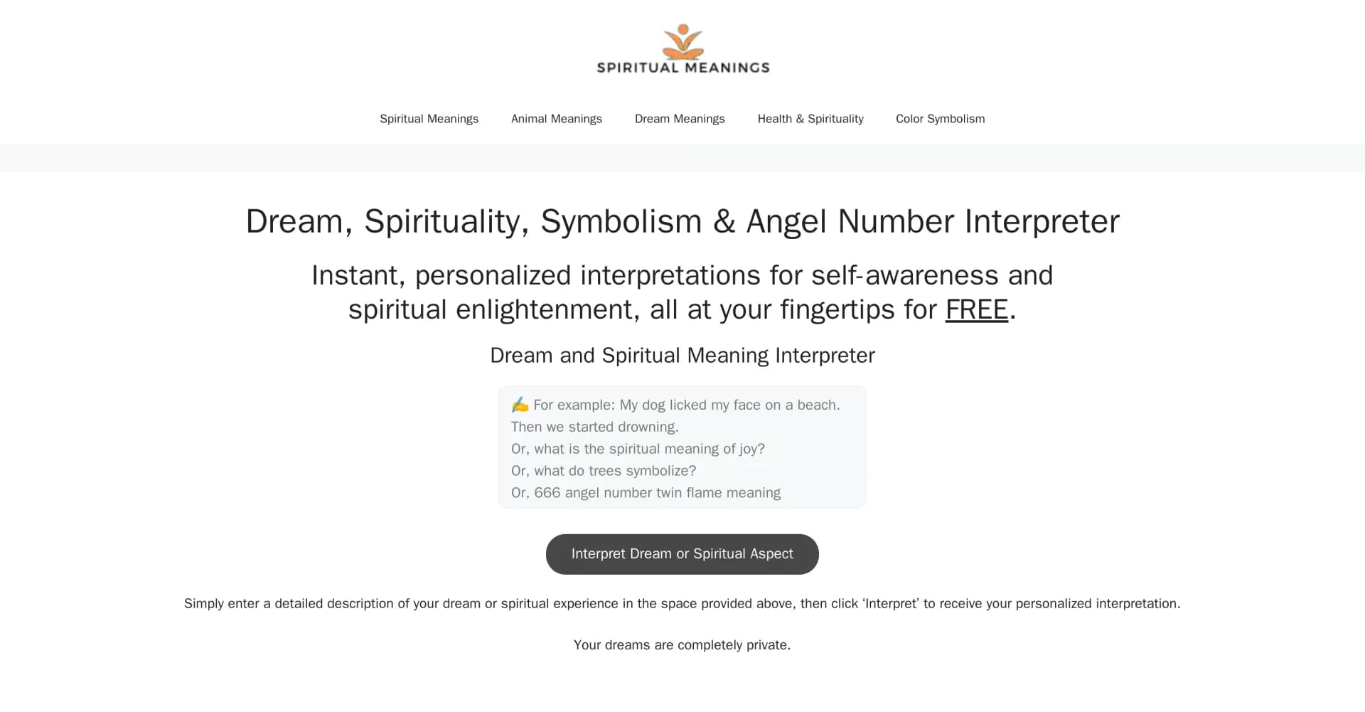 Spiritual Meanings homepage screenshot — Unlock spiritual insights with personalized interpretations