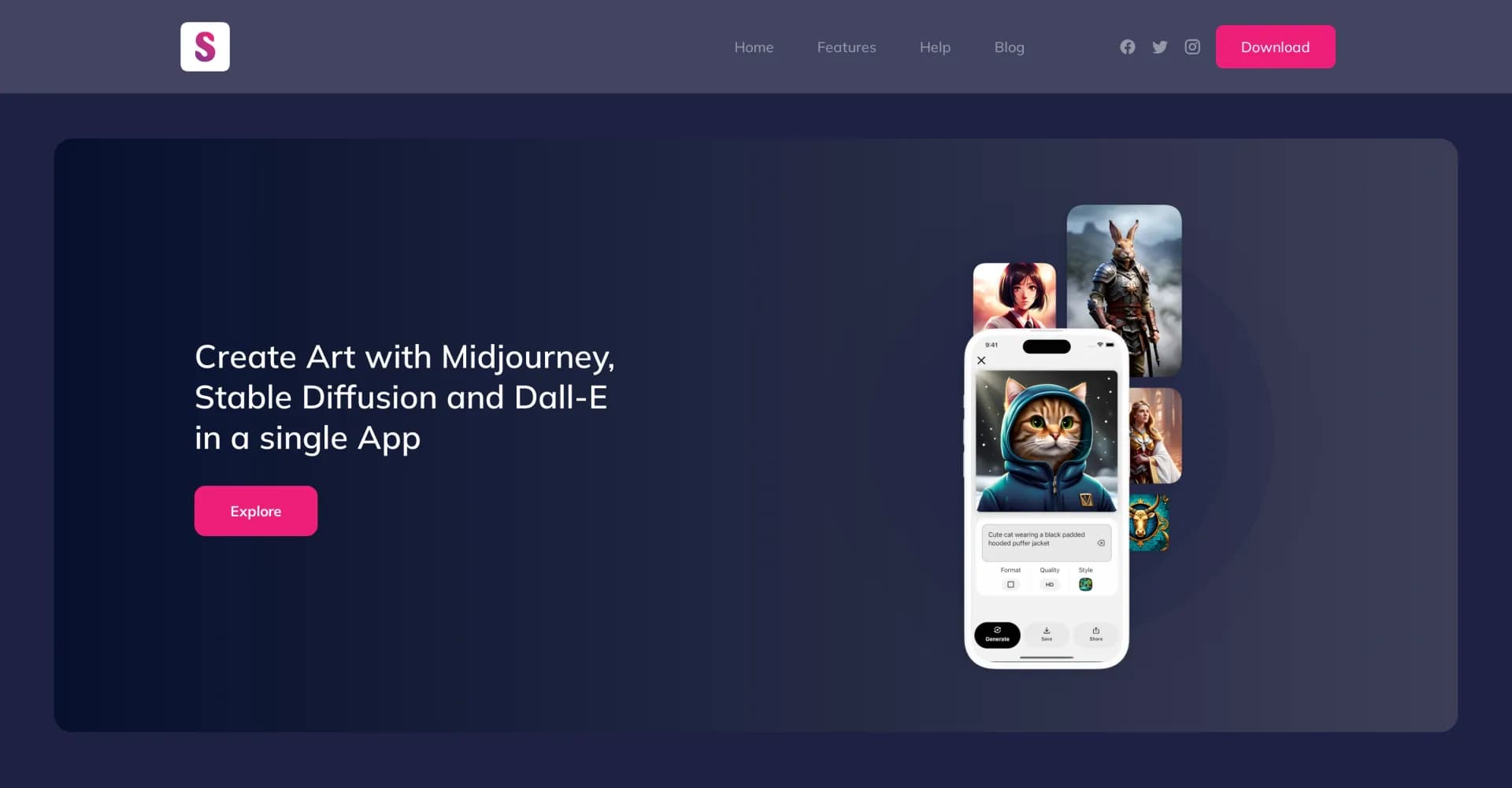 Splend homepage screenshot — Craft AI art from words, share with the world.