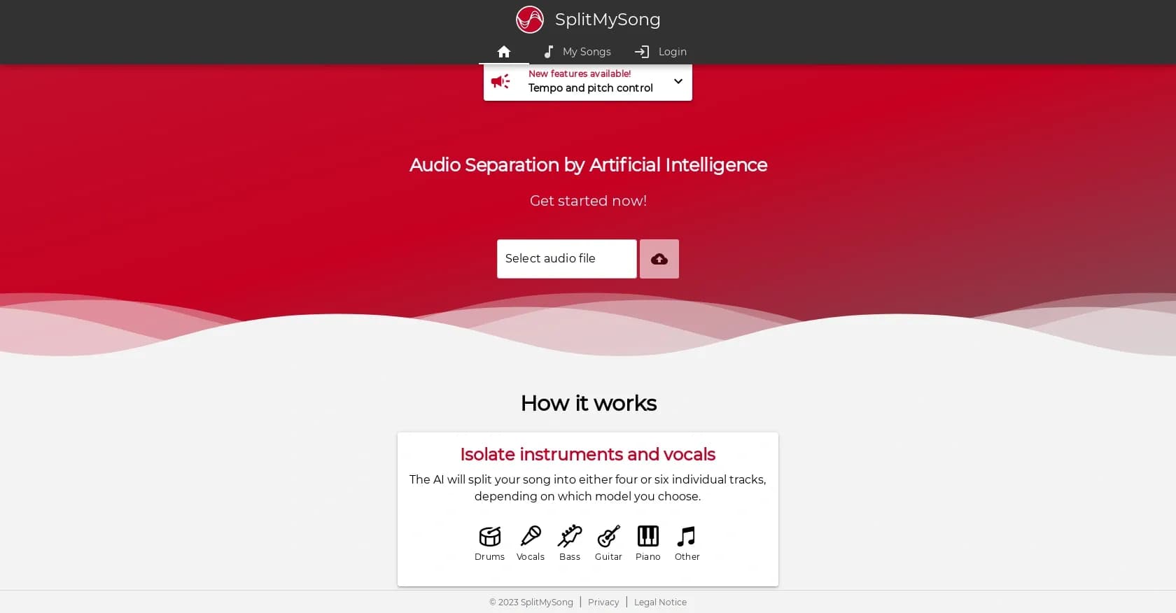 Splitmysong homepage screenshot — Separate vocals and instruments with AI