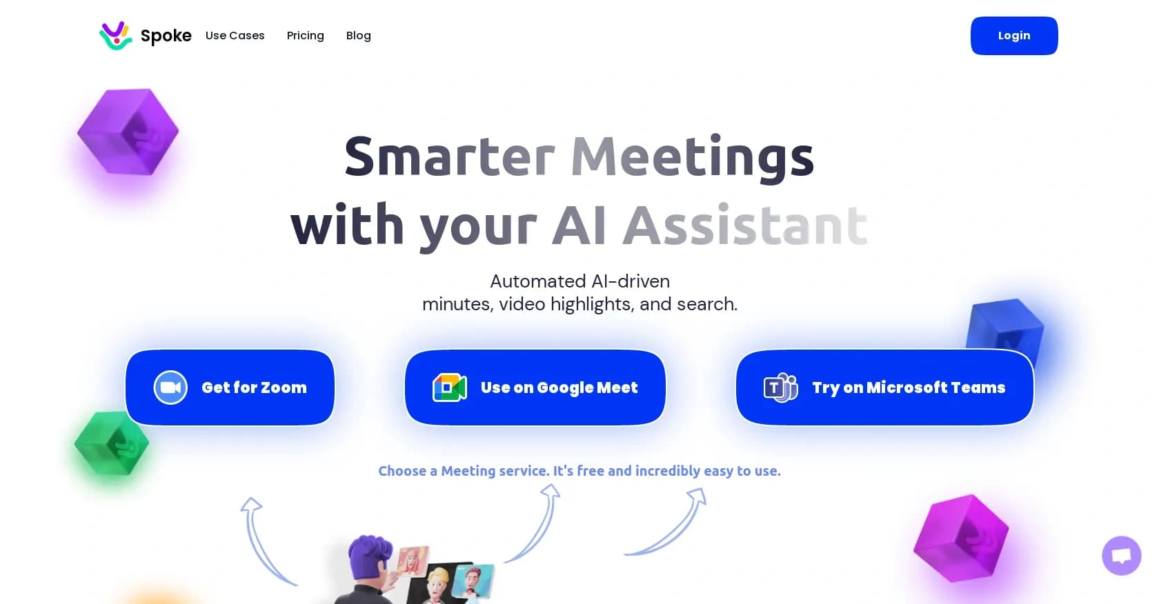 Spoke App homepage screenshot — AI assistant for smarter meetings and automated insights.