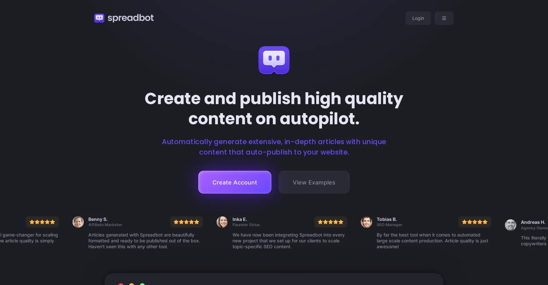 Spreadbot homepage screenshot — Automate high-quality content creation and publishing