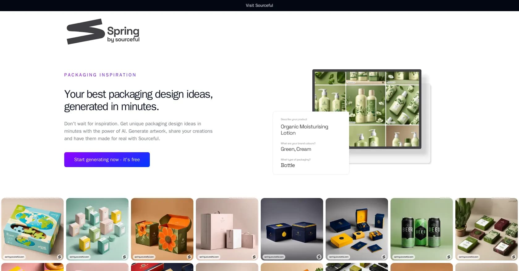 Spring homepage screenshot — Generate unique packaging designs in minutes with AI.