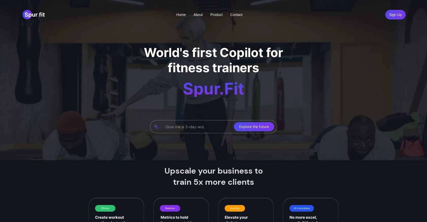 Spur.Fit homepage screenshot — AI copilot for fitness trainers to train 5X more clients.