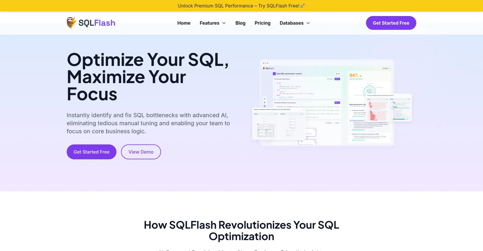 SQLFlash homepage screenshot — Optimize SQL instantly with AI, eliminating manual tuning