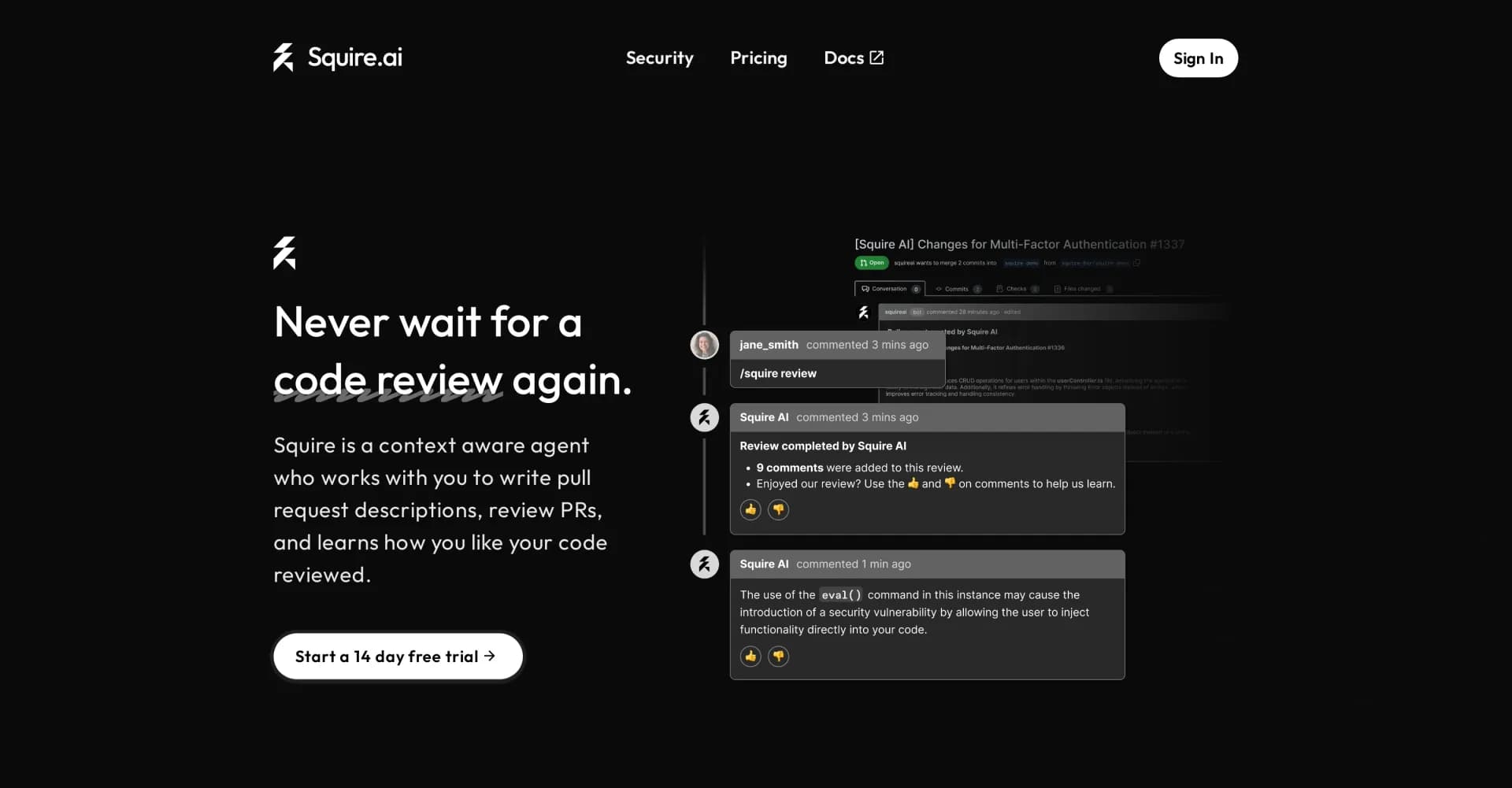 Squire AI homepage screenshot — Write pull request descriptions with ease.