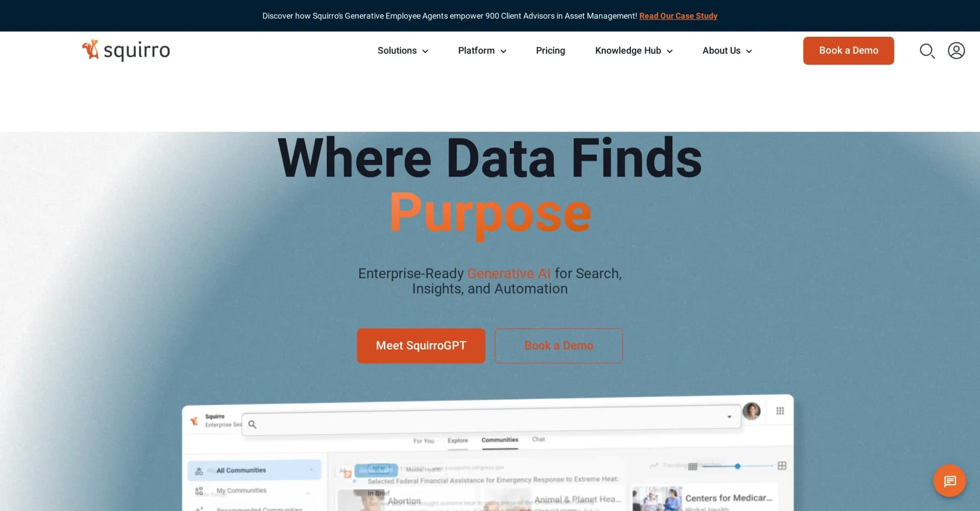 Squirro homepage screenshot — Empower enterprise decisions with AI-driven insights.
