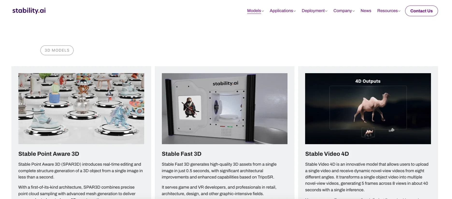 Stable Video 3D homepage screenshot — Generate high-quality 3D views from single images