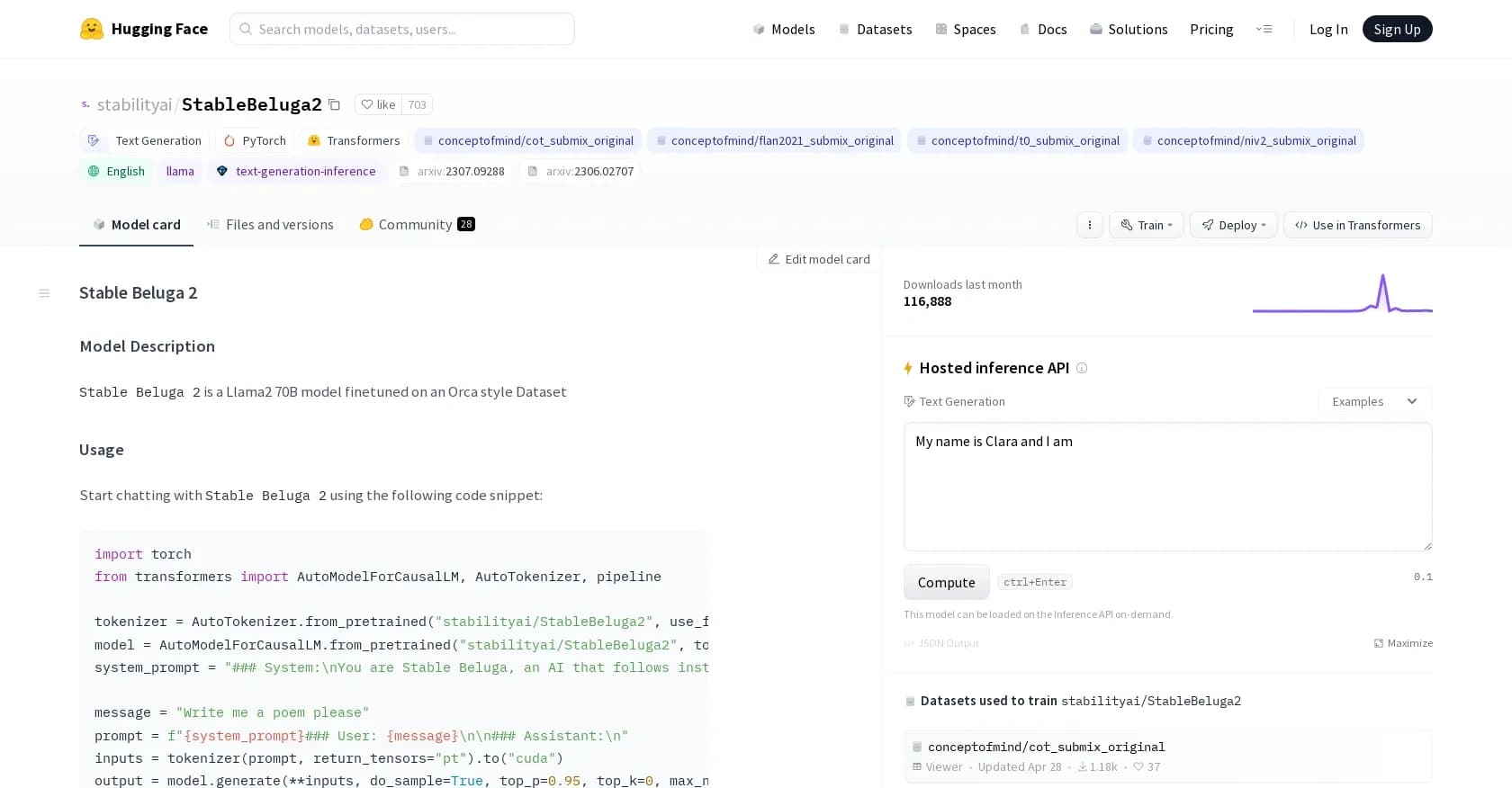 StableBeluga2 homepage screenshot — Democratize AI through open source and science