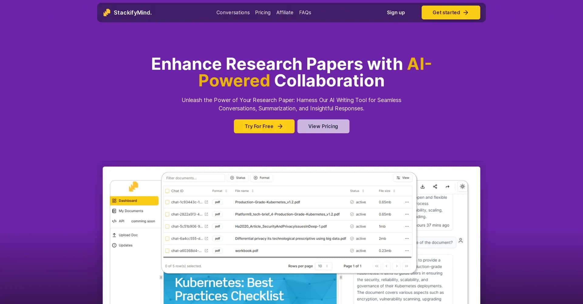StackifyMind AI homepage screenshot — AI-powered conversations with your PDFs