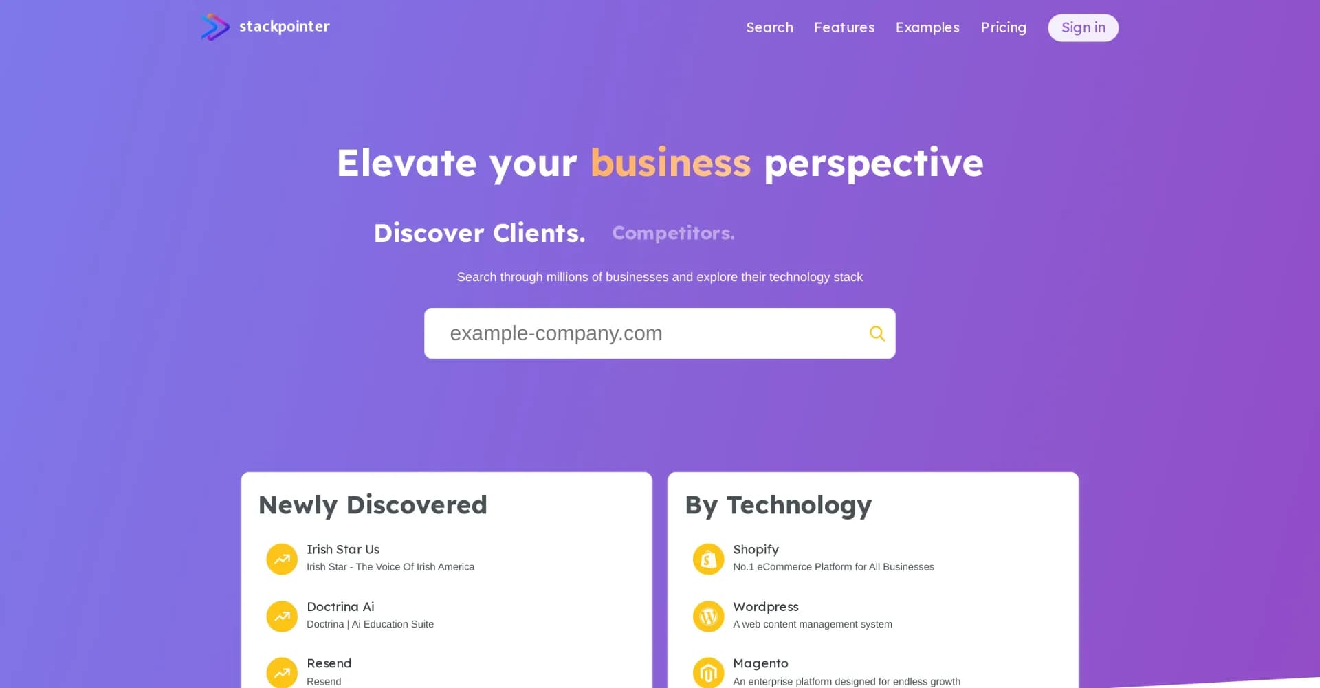 Stackpointer homepage screenshot — Unlock business insights from millions of online competitors