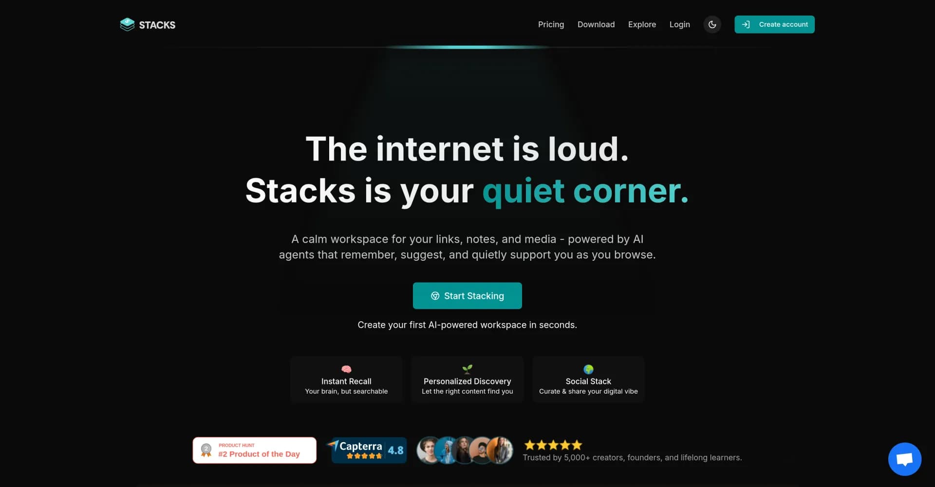 Stacks homepage screenshot — Your quiet corner of the internet, powered by AI.