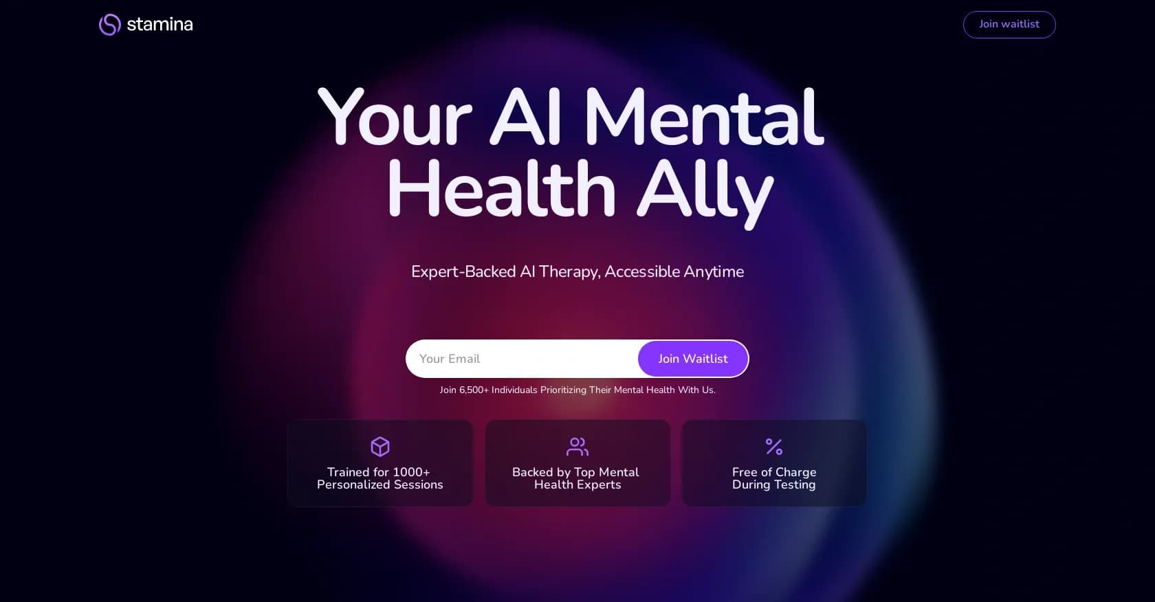 Stamina AI homepage screenshot — Your AI mental health ally, available 24/7.