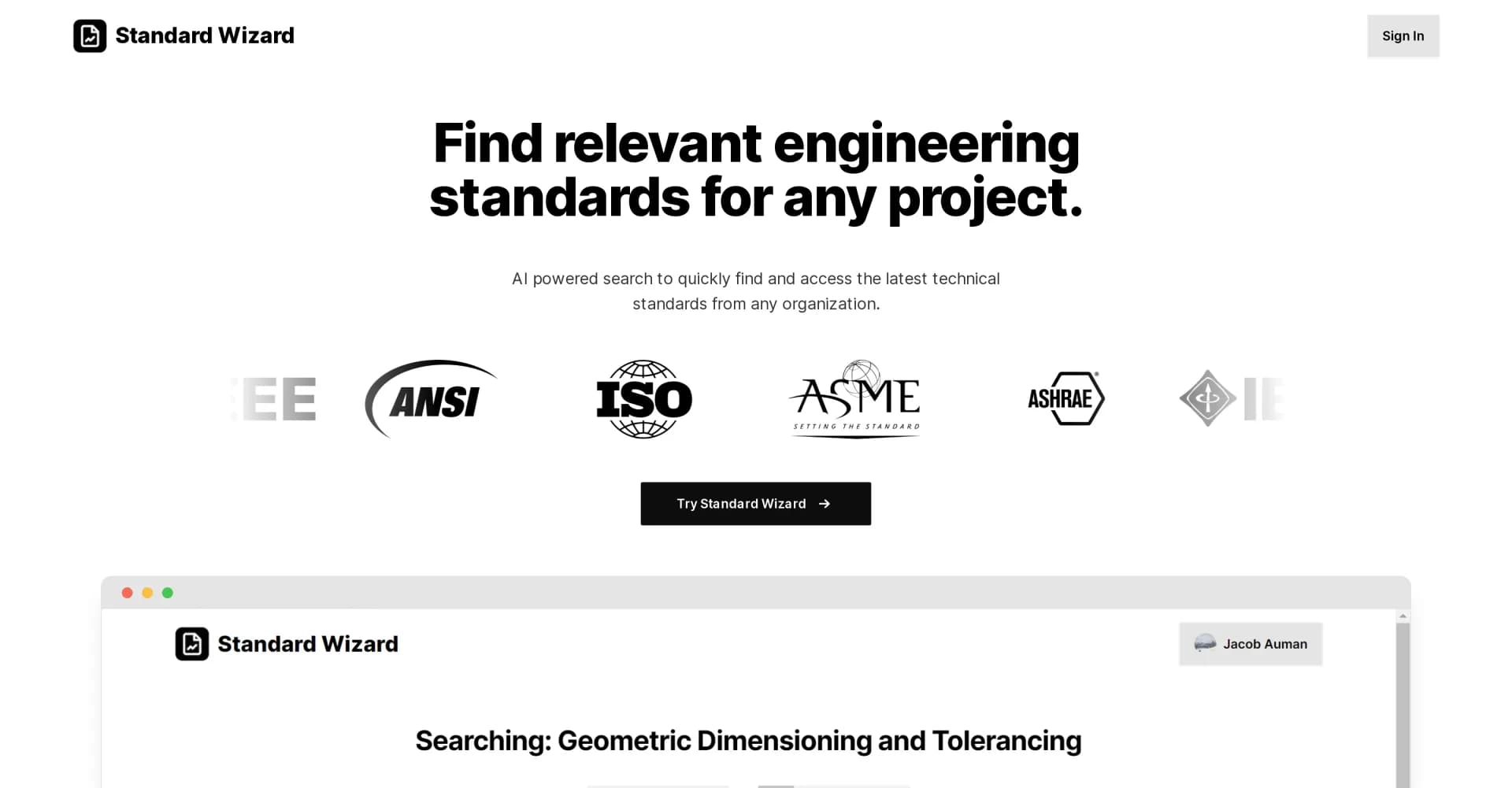 Standard Wizard homepage screenshot — Find relevant engineering standards instantly with AI.